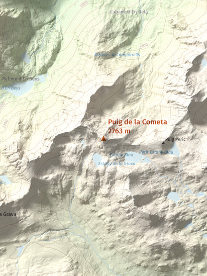 Mapa de relieve de Puig de la Cometa, 2763 m, Cerdanya Nord, lámina 100 Cims de Trobart. Detalle de la zona central. 30 × 40 cm.