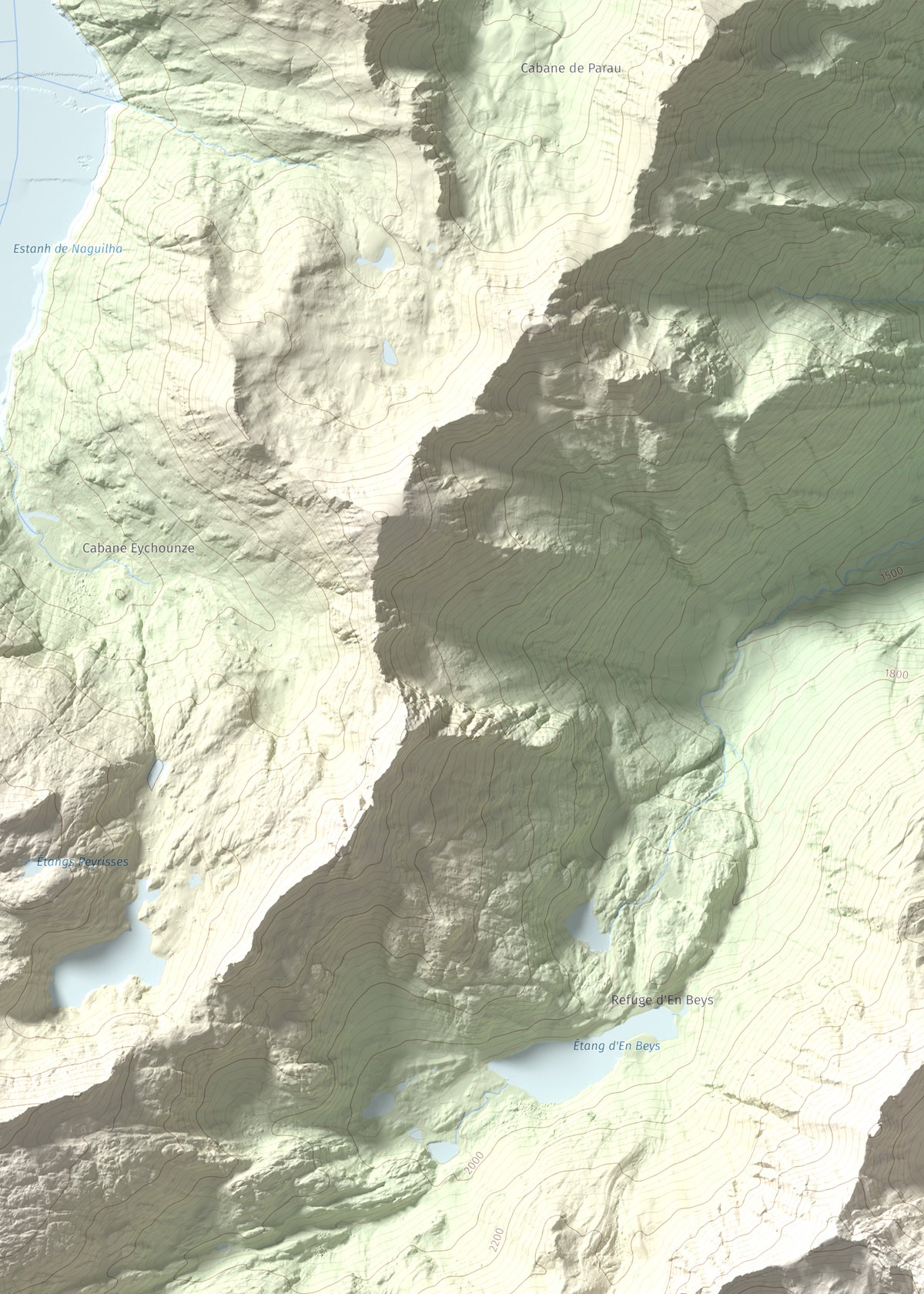 Mapa de relieve de Puig de la Cometa, 2763 m, Cerdanya Nord, lámina 100 Cims de Trobart. Detalle de la zona superior izquierda. 50 × 70 cm.