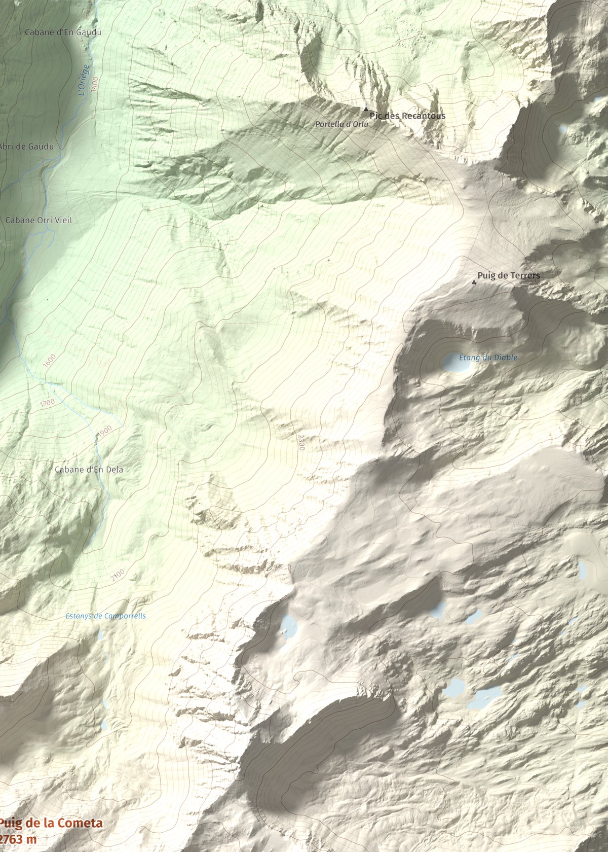 Mapa de relieve de Puig de la Cometa, 2763 m, Cerdanya Nord, lámina 100 Cims de Trobart. Detalle de la zona superior derecha. 50 × 70 cm.