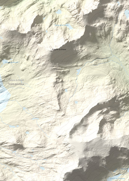 Mapa de relieve de Puig de la Cometa, 2763 m, Cerdanya Nord, lámina 100 Cims de Trobart. Detalle de la zona inferior izquierda. 50 × 70 cm.
