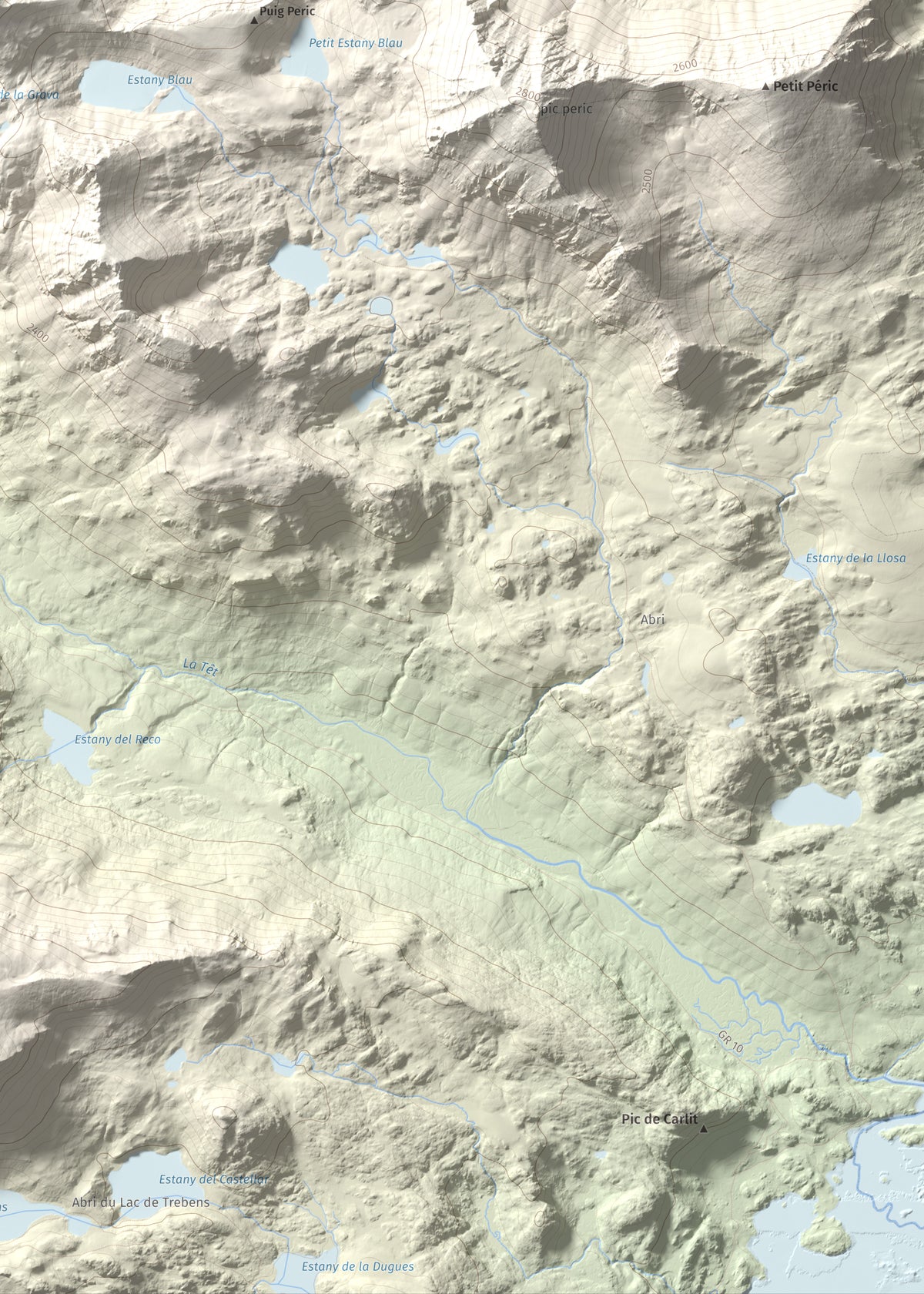 Mapa de relieve de Puig de la Cometa, 2763 m, Cerdanya Nord, lámina 100 Cims de Trobart. Detalle de la zona inferior derecha. 50 × 70 cm.