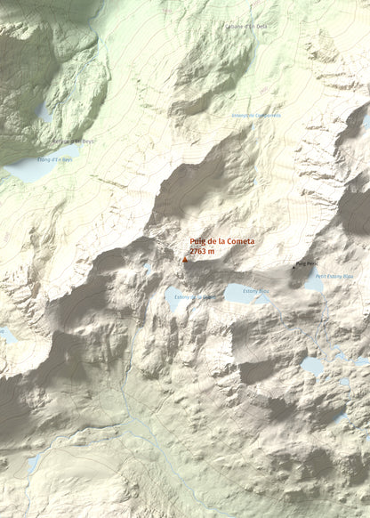 Mapa de relieve de Puig de la Cometa, 2763 m, Cerdanya Nord, lámina 100 Cims de Trobart. Detalle de la zona central. 50 × 70 cm.