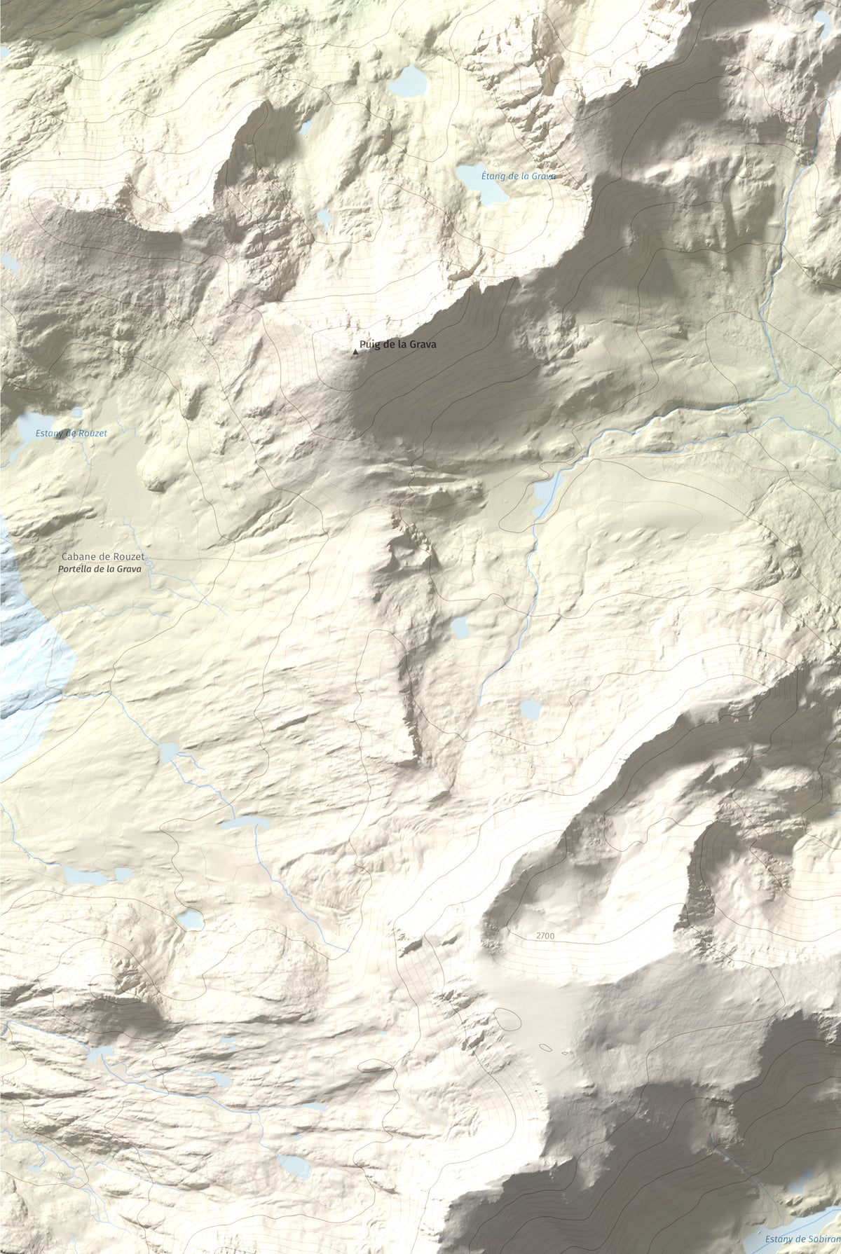 Mapa de relieve de Puig de la Cometa, 2763 m, Cerdanya Nord, lámina 100 Cims de Trobart. Detalle de la zona inferior izquierda. 61 × 91 cm.