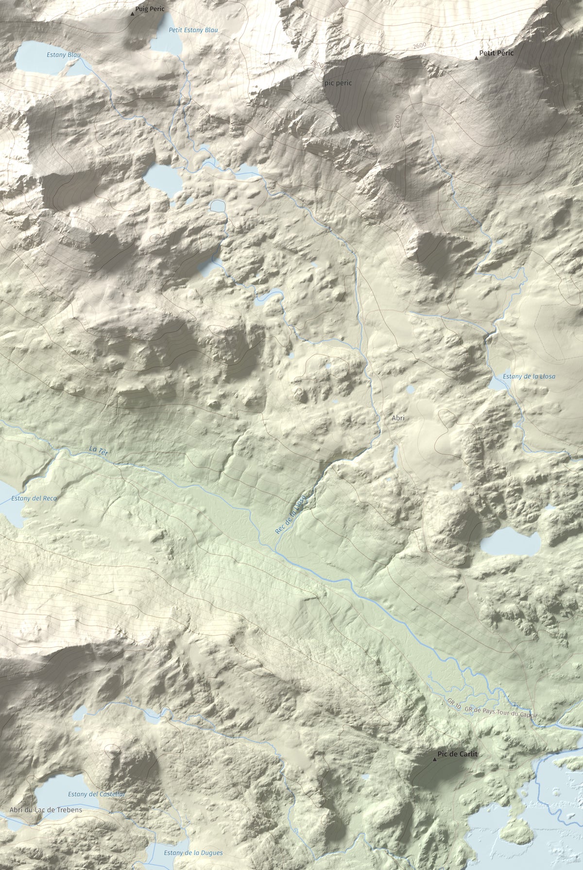 Mapa de relieve de Puig de la Cometa, 2763 m, Cerdanya Nord, lámina 100 Cims de Trobart. Detalle de la zona inferior derecha. 61 × 91 cm.
