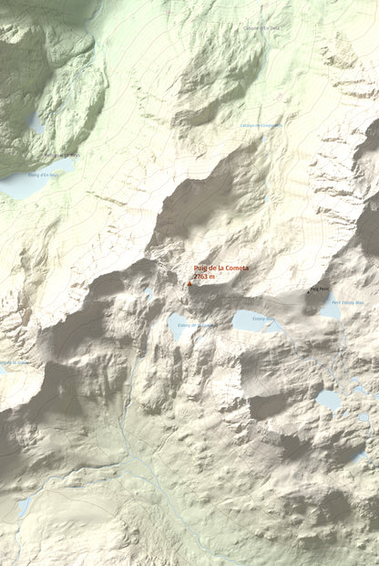 Mapa de relieve de Puig de la Cometa, 2763 m, Cerdanya Nord, lámina 100 Cims de Trobart. Detalle de la zona central. 61 × 91 cm.