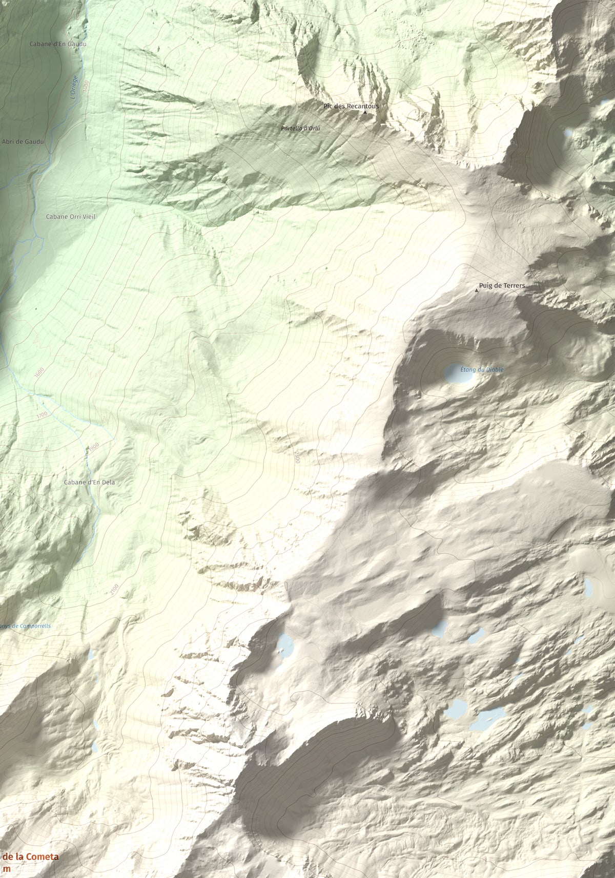 Mapa de relieve de Puig de la Cometa, 2763 m, Cerdanya Nord, lámina 100 Cims de Trobart. Detalle de la zona superior derecha. 70 × 100 cm.
