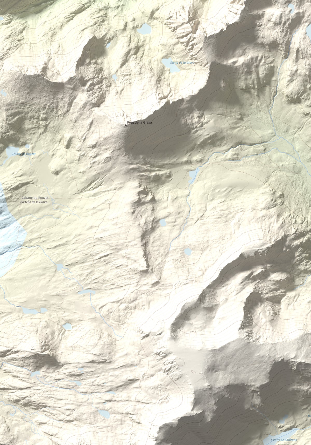 Mapa de relieve de Puig de la Cometa, 2763 m, Cerdanya Nord, lámina 100 Cims de Trobart. Detalle de la zona inferior izquierda. 70 × 100 cm.