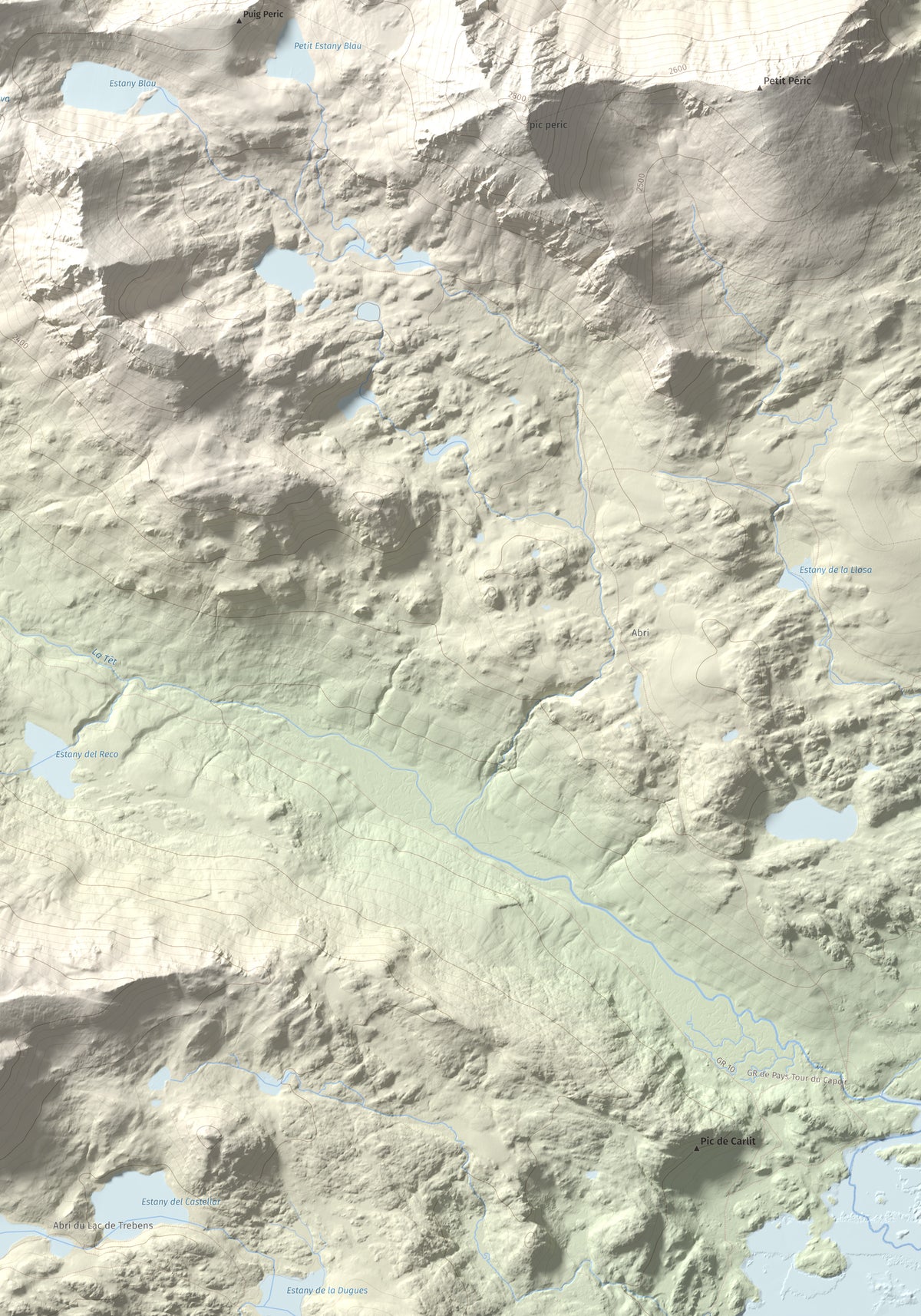 Mapa de relieve de Puig de la Cometa, 2763 m, Cerdanya Nord, lámina 100 Cims de Trobart. Detalle de la zona inferior derecha. 70 × 100 cm.
