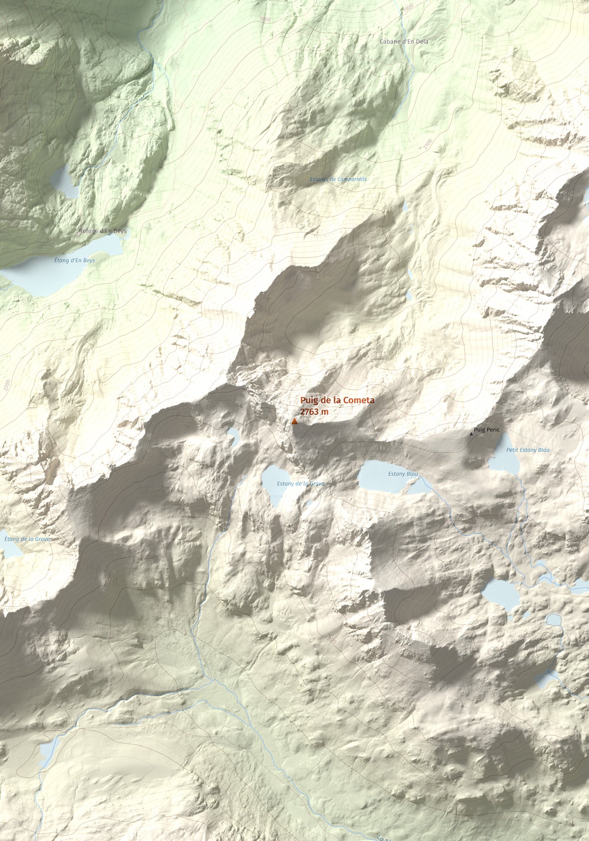 Mapa de relieve de Puig de la Cometa, 2763 m, Cerdanya Nord, lámina 100 Cims de Trobart. Detalle de la zona central. 70 × 100 cm.