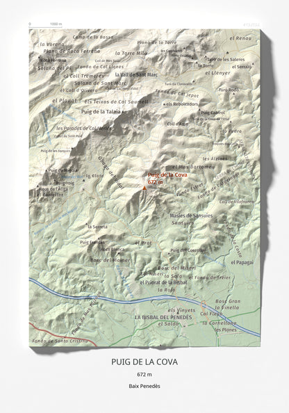 Mapa de relieve de Puig de la Cova, 672 m, Baix Penedès, lámina 100 Cims de Trobart 21 × 30 cm.