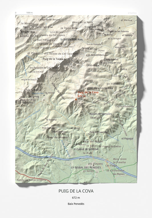 Mapa de relieve de Puig de la Cova, 672 m, Baix Penedès, lámina 100 Cims de Trobart 21 × 30 cm.