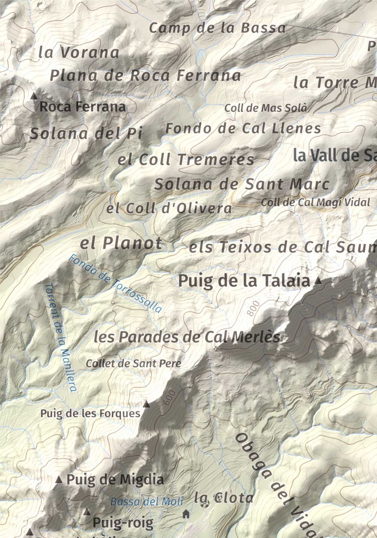 Mapa de relieve de Puig de la Cova, 672 m, Baix Penedès, lámina 100 Cims de Trobart. Detalle de la zona superior izquierda. 21 × 30 cm.