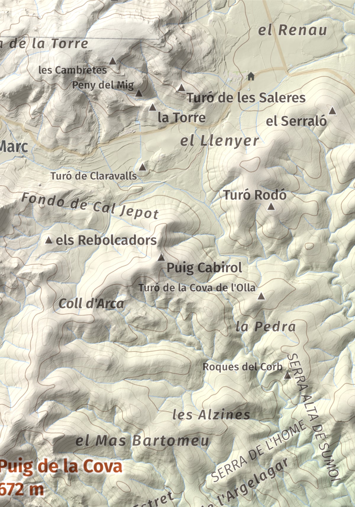 Mapa de relieve de Puig de la Cova, 672 m, Baix Penedès, lámina 100 Cims de Trobart. Detalle de la zona superior derecha. 21 × 30 cm.