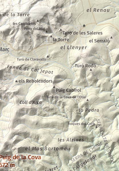 Mapa de relieve de Puig de la Cova, 672 m, Baix Penedès, lámina 100 Cims de Trobart. Detalle de la zona superior derecha. 21 × 30 cm.