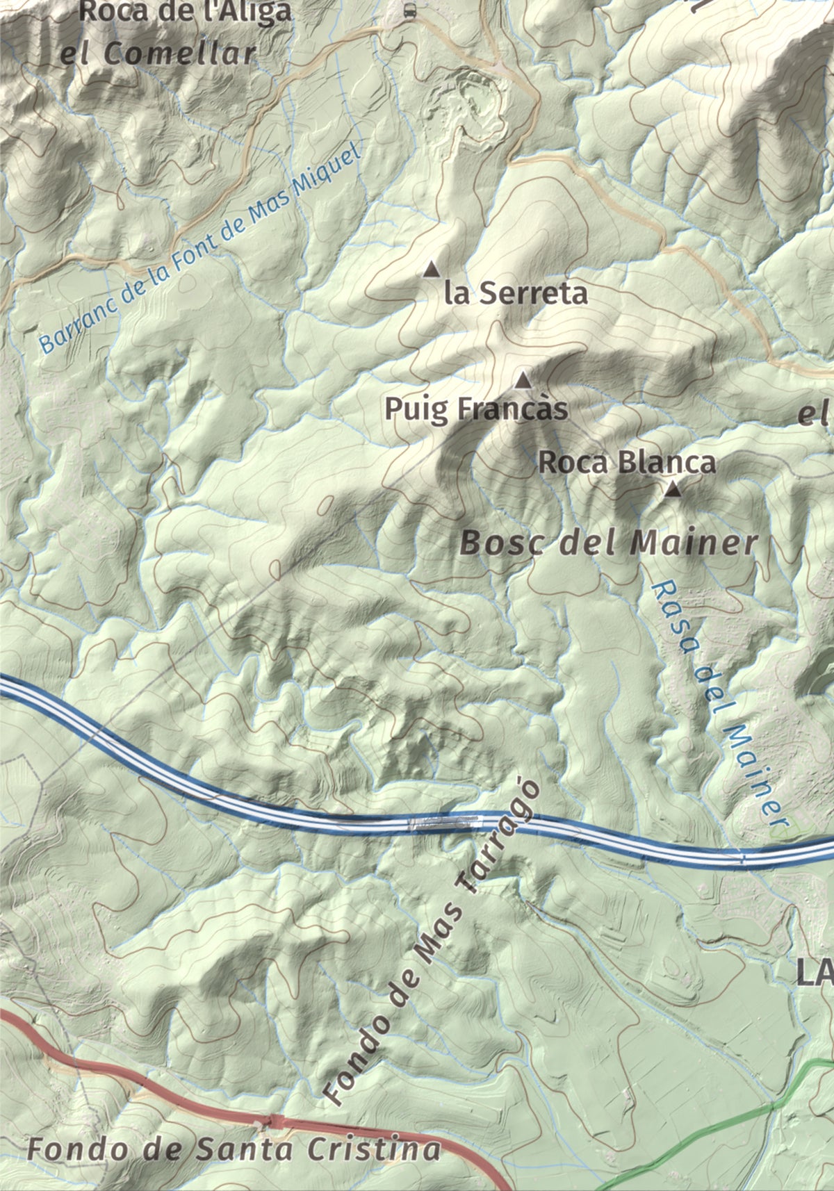 Mapa de relieve de Puig de la Cova, 672 m, Baix Penedès, lámina 100 Cims de Trobart. Detalle de la zona inferior izquierda. 21 × 30 cm.