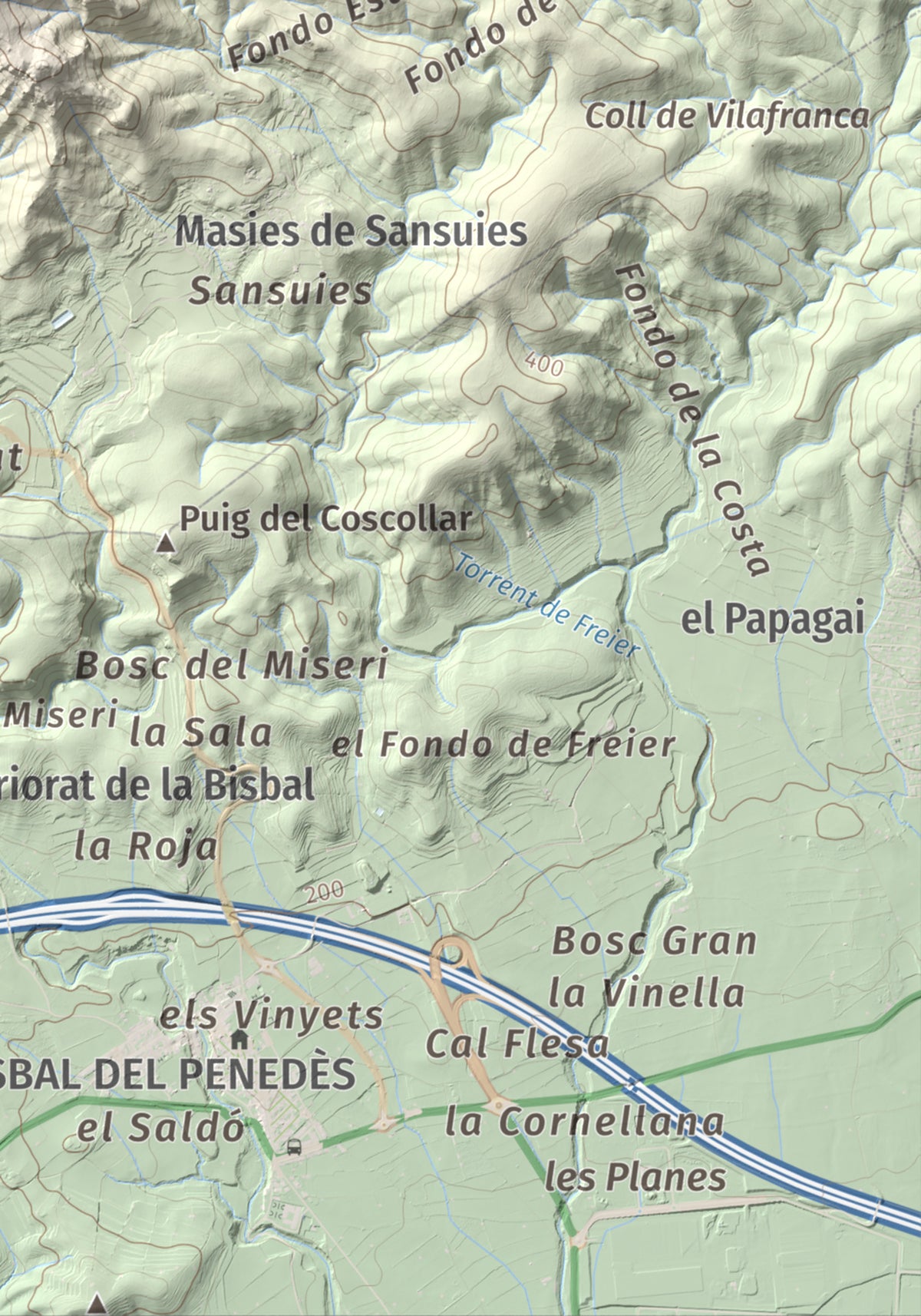 Mapa de relieve de Puig de la Cova, 672 m, Baix Penedès, lámina 100 Cims de Trobart. Detalle de la zona inferior derecha. 21 × 30 cm.