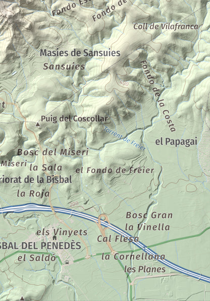 Mapa de relieve de Puig de la Cova, 672 m, Baix Penedès, lámina 100 Cims de Trobart. Detalle de la zona inferior derecha. 21 × 30 cm.