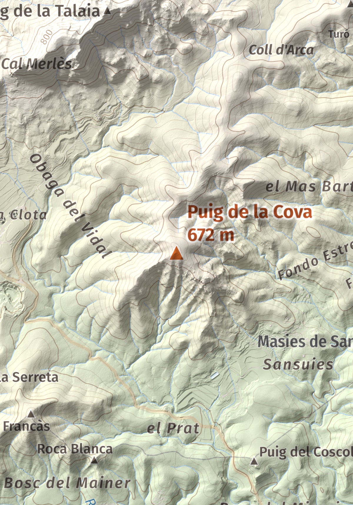 Mapa de relieve de Puig de la Cova, 672 m, Baix Penedès, lámina 100 Cims de Trobart. Detalle de la zona central. 21 × 30 cm.