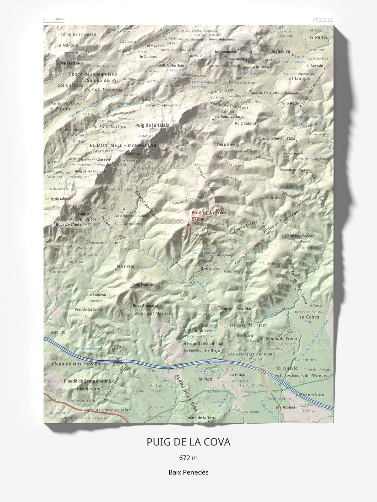 Mapa de relieve de Puig de la Cova, 672 m, Baix Penedès, lámina 100 Cims de Trobart 30 × 40 cm.