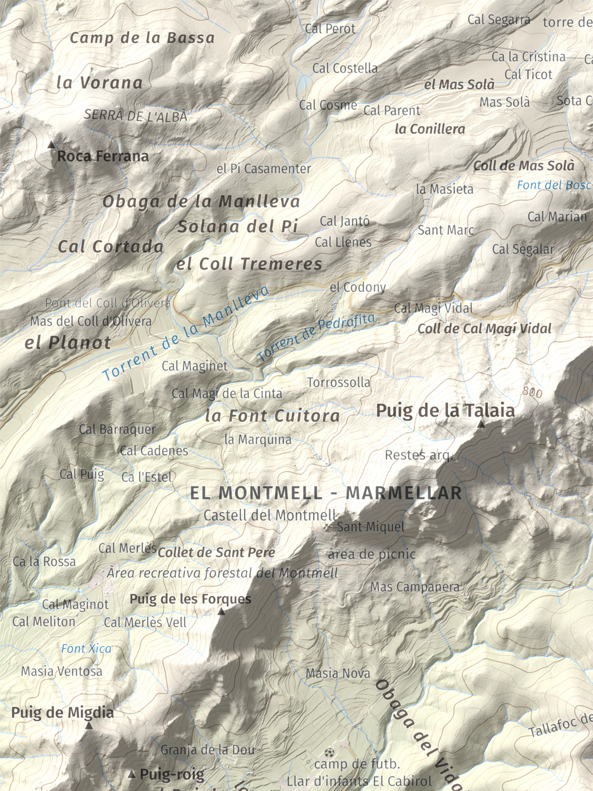 Mapa de relieve de Puig de la Cova, 672 m, Baix Penedès, lámina 100 Cims de Trobart. Detalle de la zona superior izquierda. 30 × 40 cm.