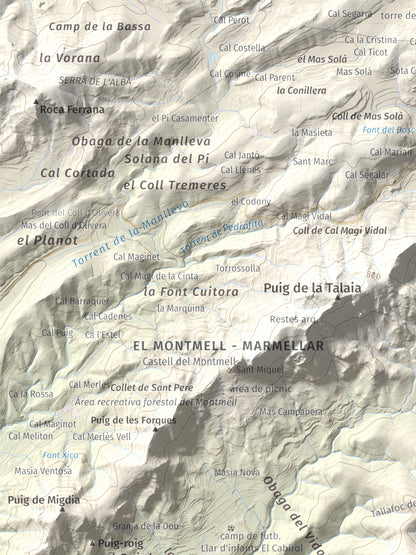 Mapa de relieve de Puig de la Cova, 672 m, Baix Penedès, lámina 100 Cims de Trobart. Detalle de la zona superior izquierda. 30 × 40 cm.