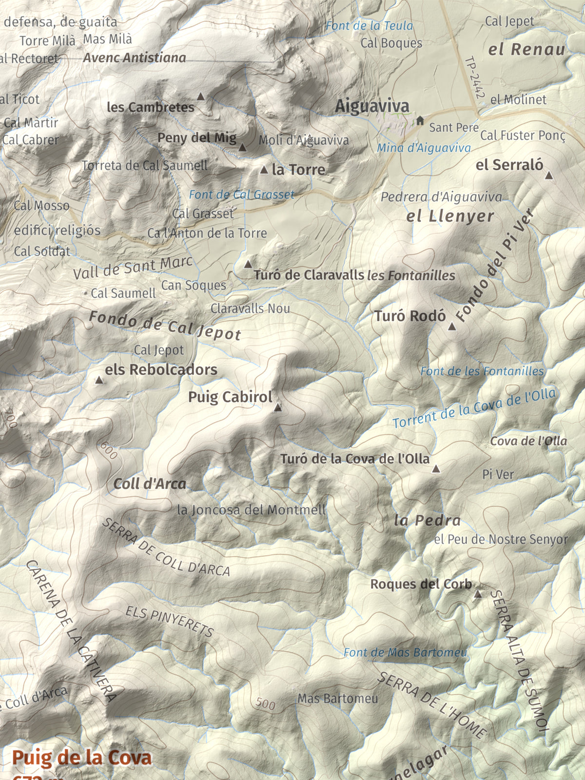 Mapa de relieve de Puig de la Cova, 672 m, Baix Penedès, lámina 100 Cims de Trobart. Detalle de la zona superior derecha. 30 × 40 cm.