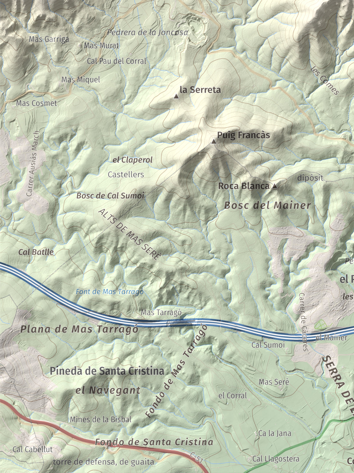 Mapa de relieve de Puig de la Cova, 672 m, Baix Penedès, lámina 100 Cims de Trobart. Detalle de la zona inferior izquierda. 30 × 40 cm.