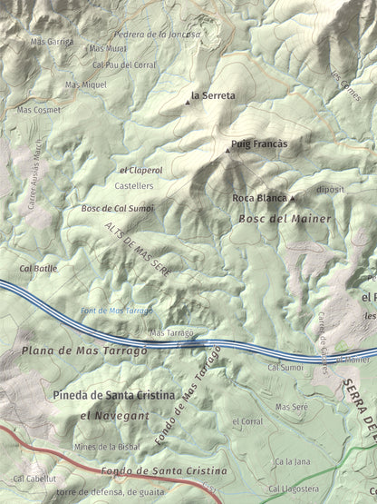 Mapa de relieve de Puig de la Cova, 672 m, Baix Penedès, lámina 100 Cims de Trobart. Detalle de la zona inferior izquierda. 30 × 40 cm.