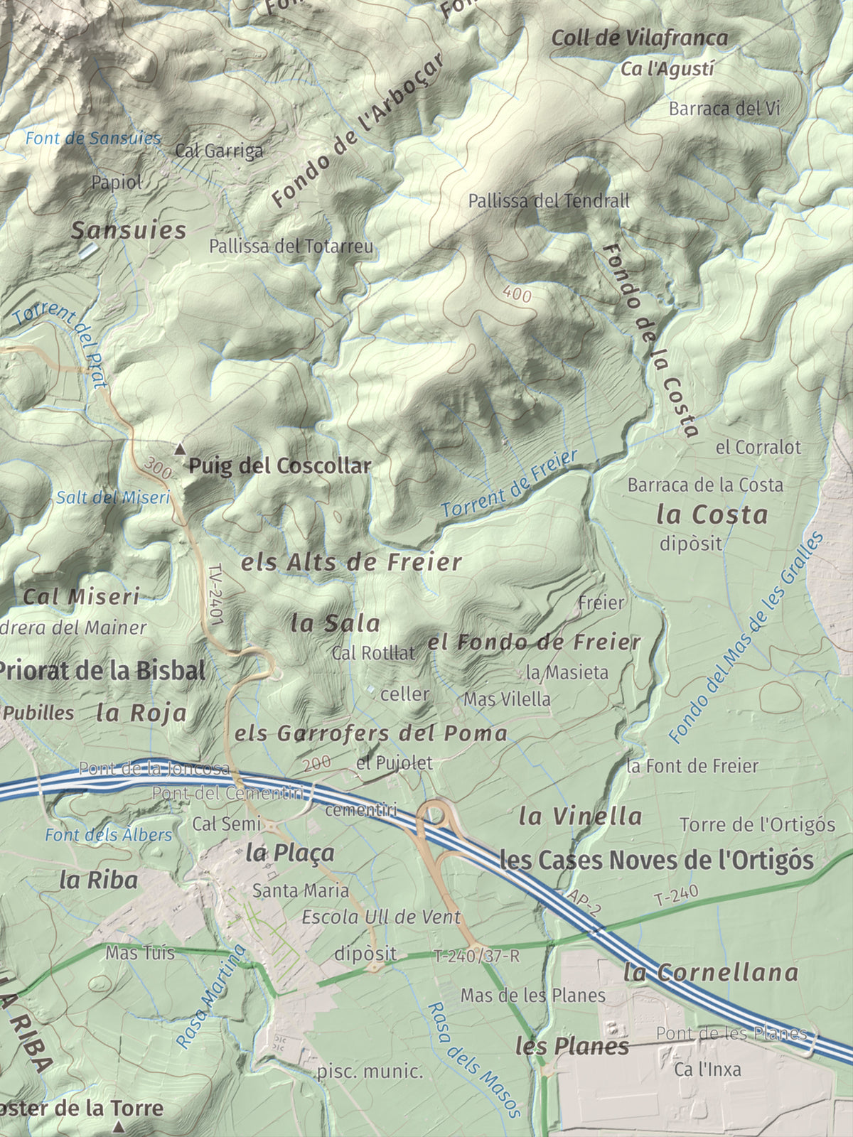 Mapa de relieve de Puig de la Cova, 672 m, Baix Penedès, lámina 100 Cims de Trobart. Detalle de la zona inferior derecha. 30 × 40 cm.