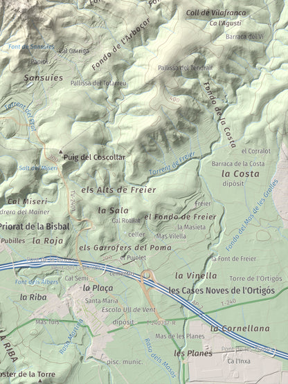 Mapa de relieve de Puig de la Cova, 672 m, Baix Penedès, lámina 100 Cims de Trobart. Detalle de la zona inferior derecha. 30 × 40 cm.