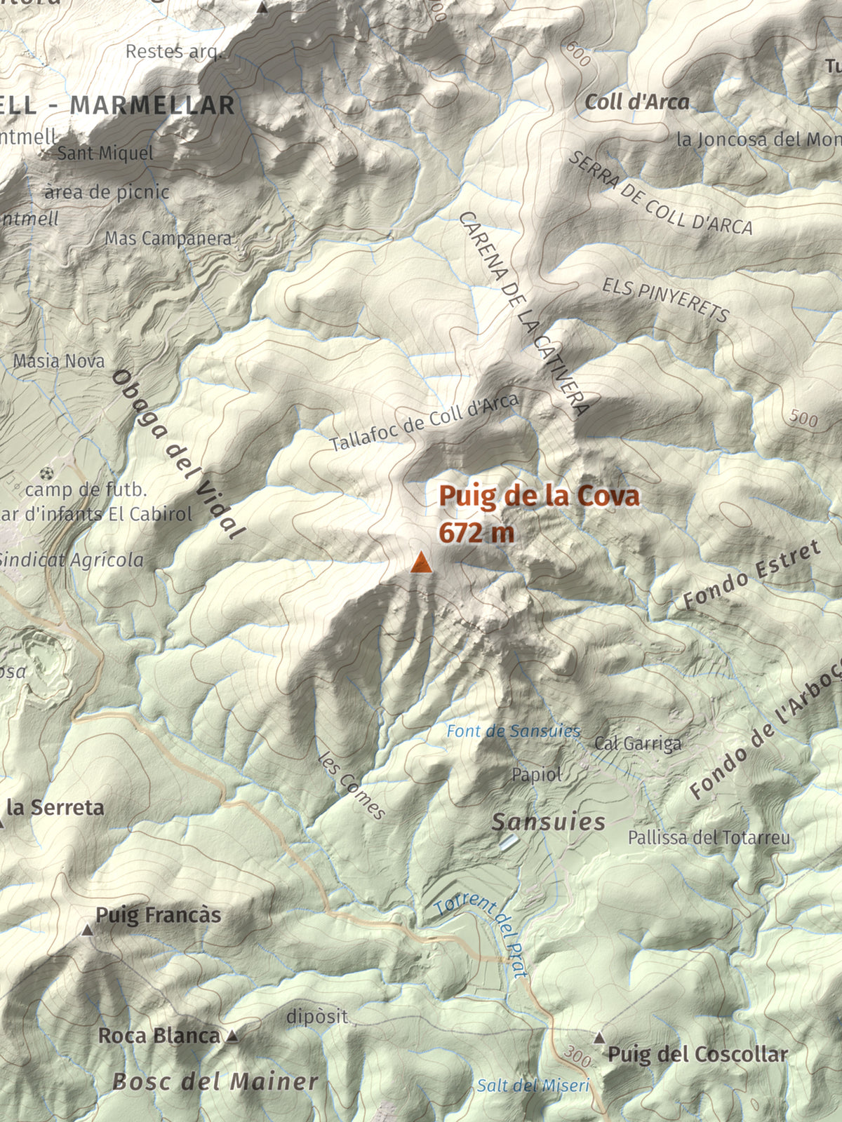 Mapa de relieve de Puig de la Cova, 672 m, Baix Penedès, lámina 100 Cims de Trobart. Detalle de la zona central. 30 × 40 cm.