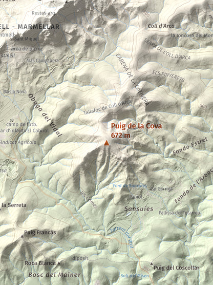 Mapa de relieve de Puig de la Cova, 672 m, Baix Penedès, lámina 100 Cims de Trobart. Detalle de la zona central. 30 × 40 cm.