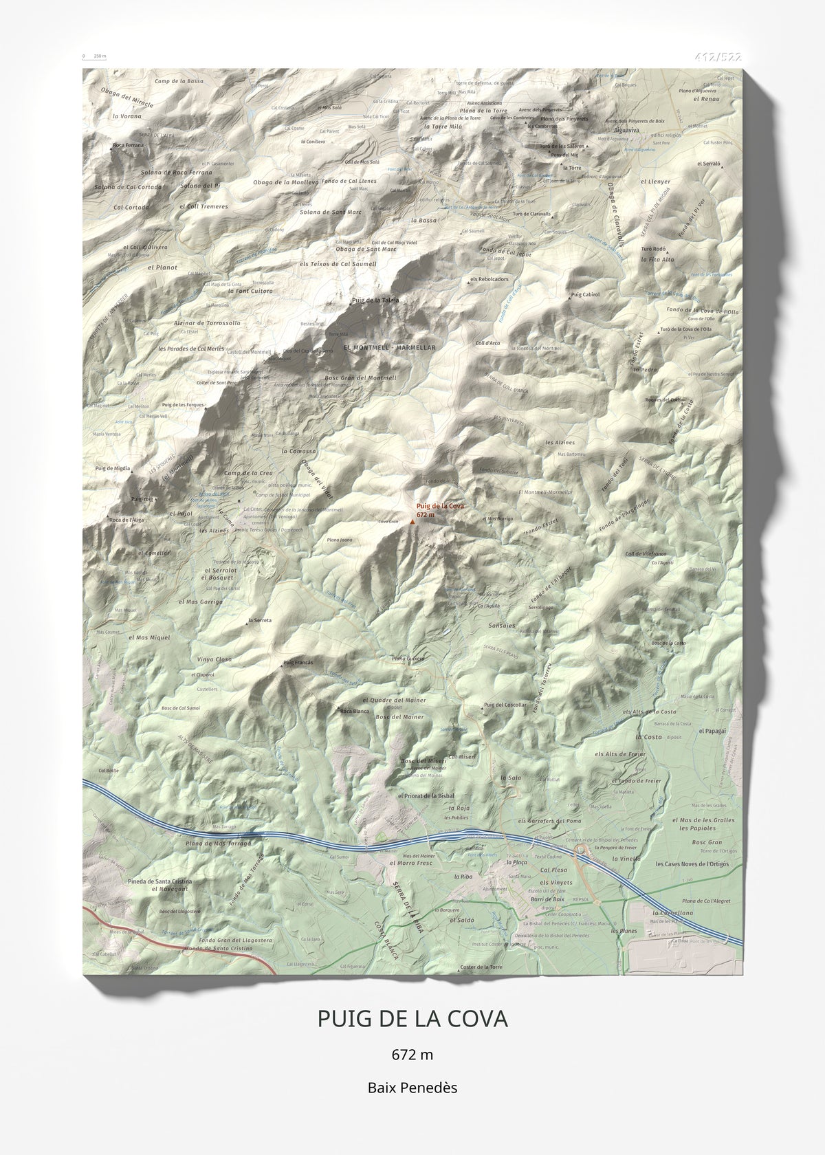 Mapa de relieve de Puig de la Cova, 672 m, Baix Penedès, lámina 100 Cims de Trobart 50 × 70 cm.