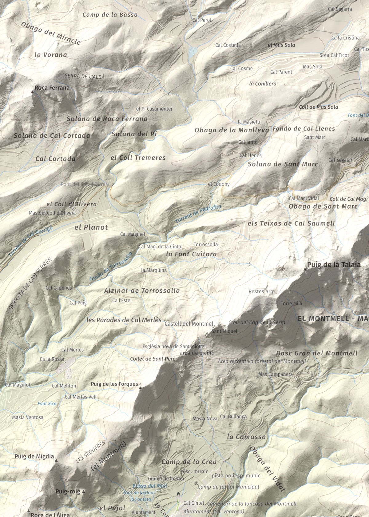 Mapa de relieve de Puig de la Cova, 672 m, Baix Penedès, lámina 100 Cims de Trobart. Detalle de la zona superior izquierda. 50 × 70 cm.