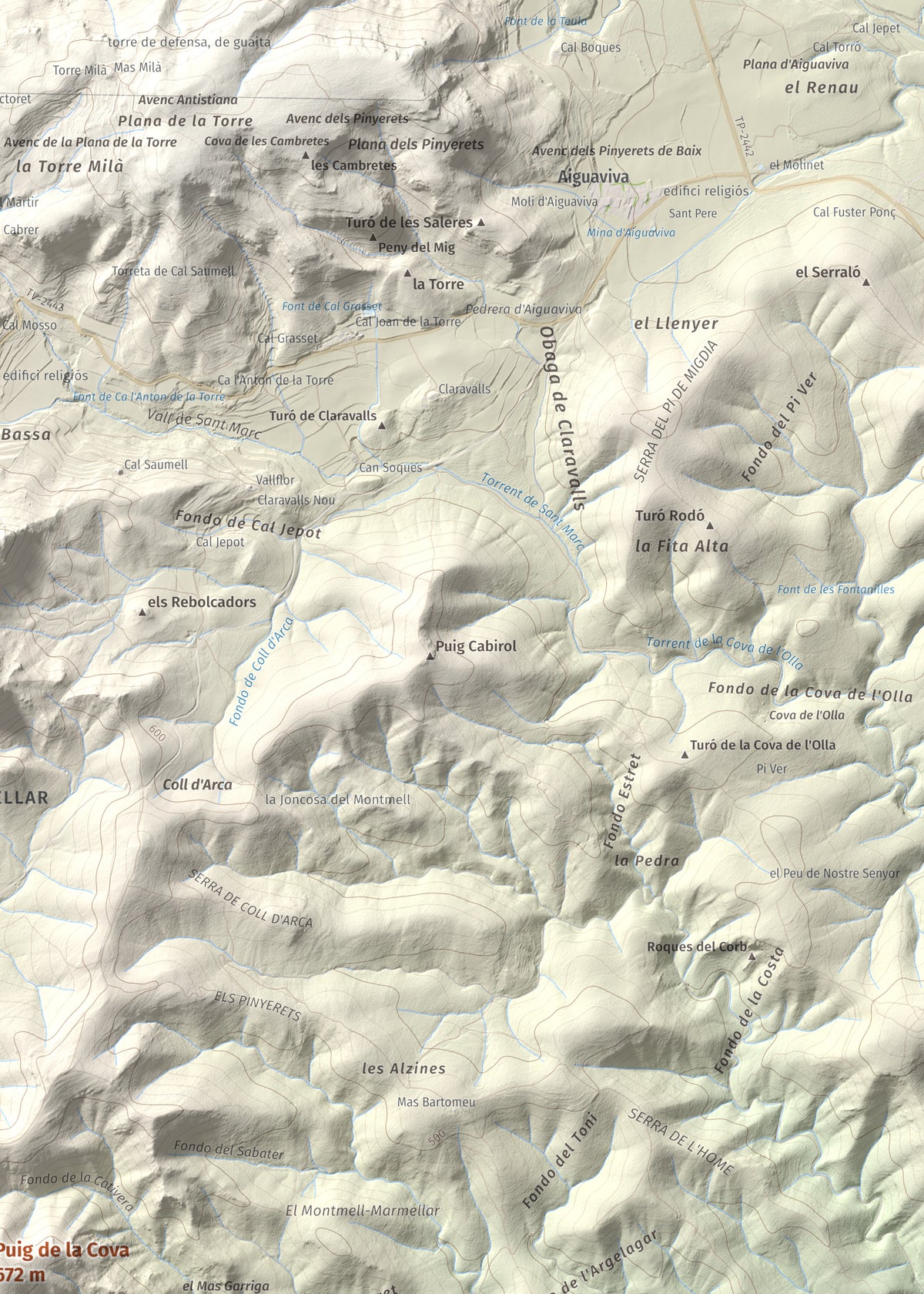 Mapa de relieve de Puig de la Cova, 672 m, Baix Penedès, lámina 100 Cims de Trobart. Detalle de la zona superior derecha. 50 × 70 cm.