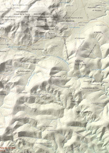Mapa de relieve de Puig de la Cova, 672 m, Baix Penedès, lámina 100 Cims de Trobart. Detalle de la zona superior derecha. 50 × 70 cm.