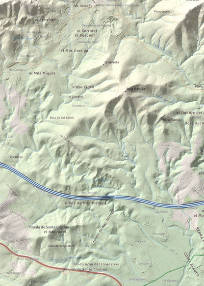 Mapa de relieve de Puig de la Cova, 672 m, Baix Penedès, lámina 100 Cims de Trobart. Detalle de la zona inferior izquierda. 50 × 70 cm.