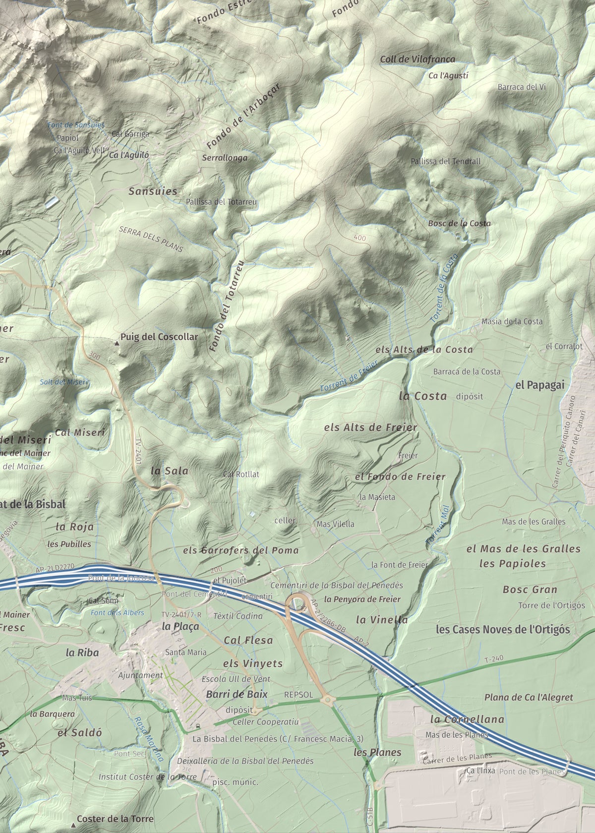 Mapa de relieve de Puig de la Cova, 672 m, Baix Penedès, lámina 100 Cims de Trobart. Detalle de la zona inferior derecha. 50 × 70 cm.
