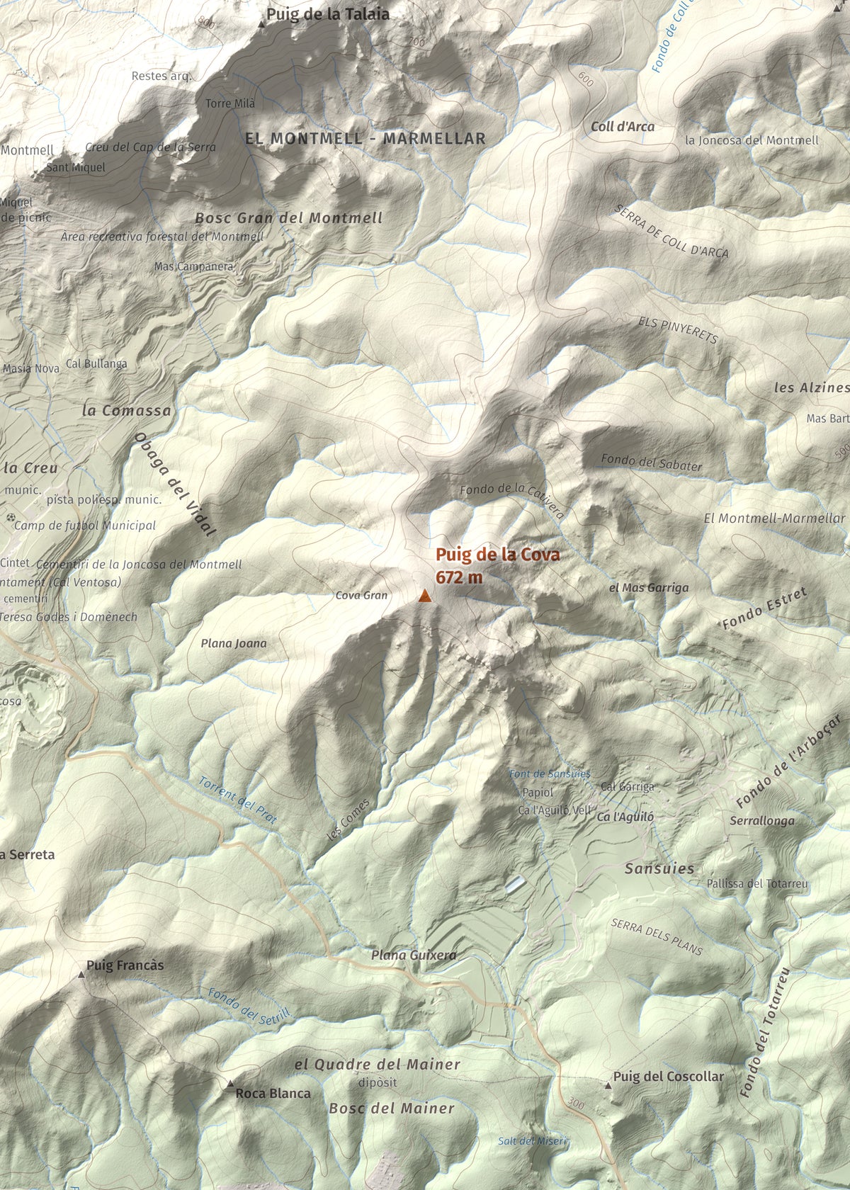 Mapa de relieve de Puig de la Cova, 672 m, Baix Penedès, lámina 100 Cims de Trobart. Detalle de la zona central. 50 × 70 cm.
