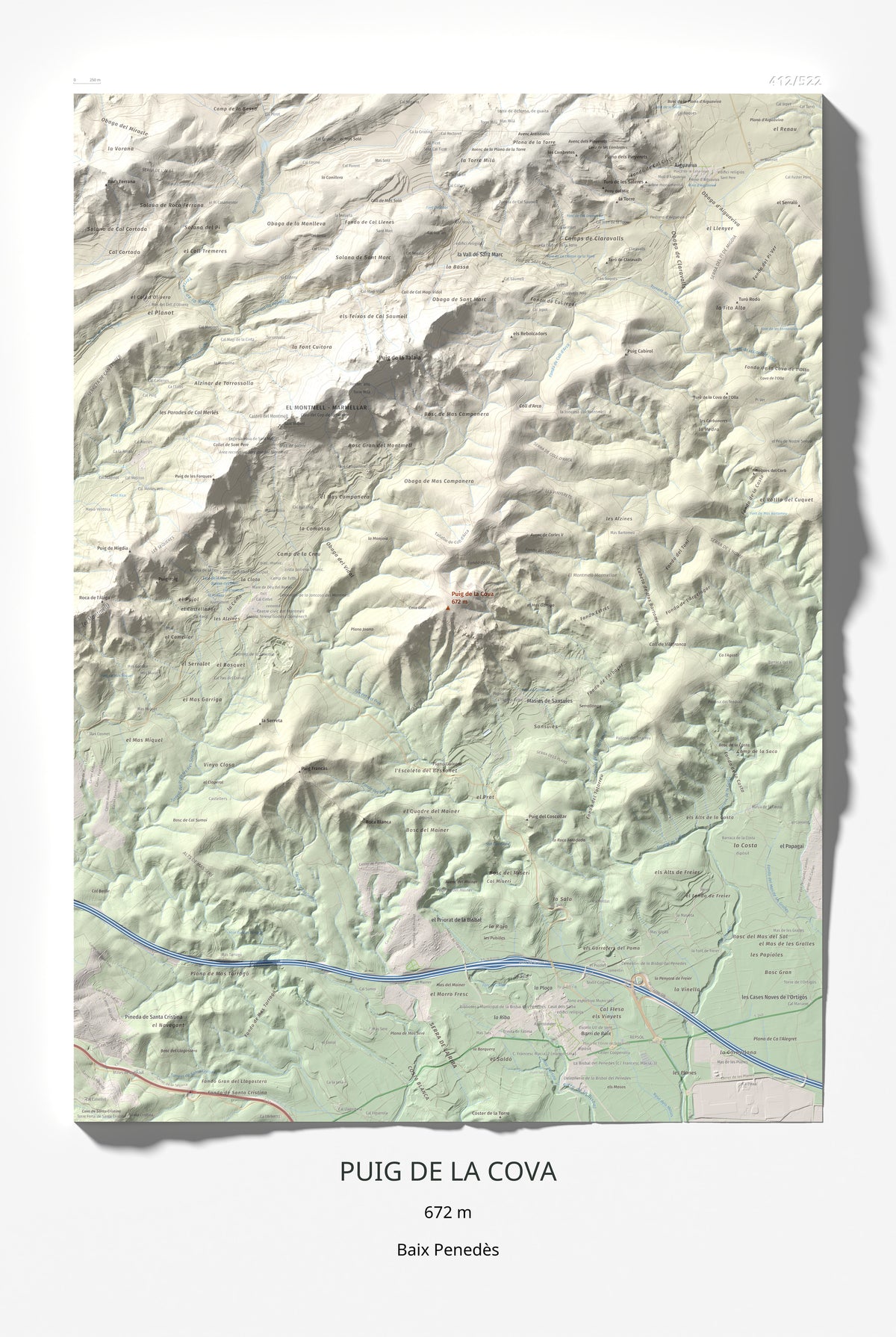 Mapa de relieve de Puig de la Cova, 672 m, Baix Penedès, lámina 100 Cims de Trobart 61 × 91 cm.
