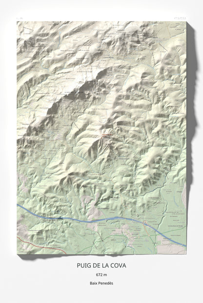 Mapa de relieve de Puig de la Cova, 672 m, Baix Penedès, lámina 100 Cims de Trobart 61 × 91 cm.
