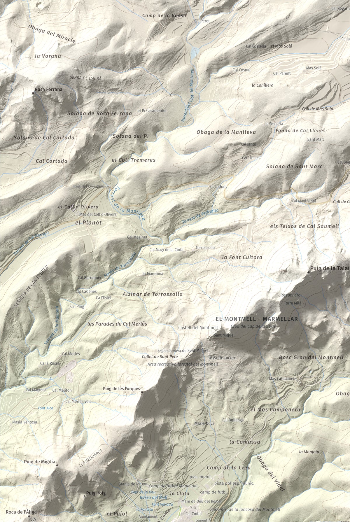 Mapa de relieve de Puig de la Cova, 672 m, Baix Penedès, lámina 100 Cims de Trobart. Detalle de la zona superior izquierda. 61 × 91 cm.