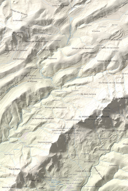 Mapa de relieve de Puig de la Cova, 672 m, Baix Penedès, lámina 100 Cims de Trobart. Detalle de la zona superior izquierda. 61 × 91 cm.