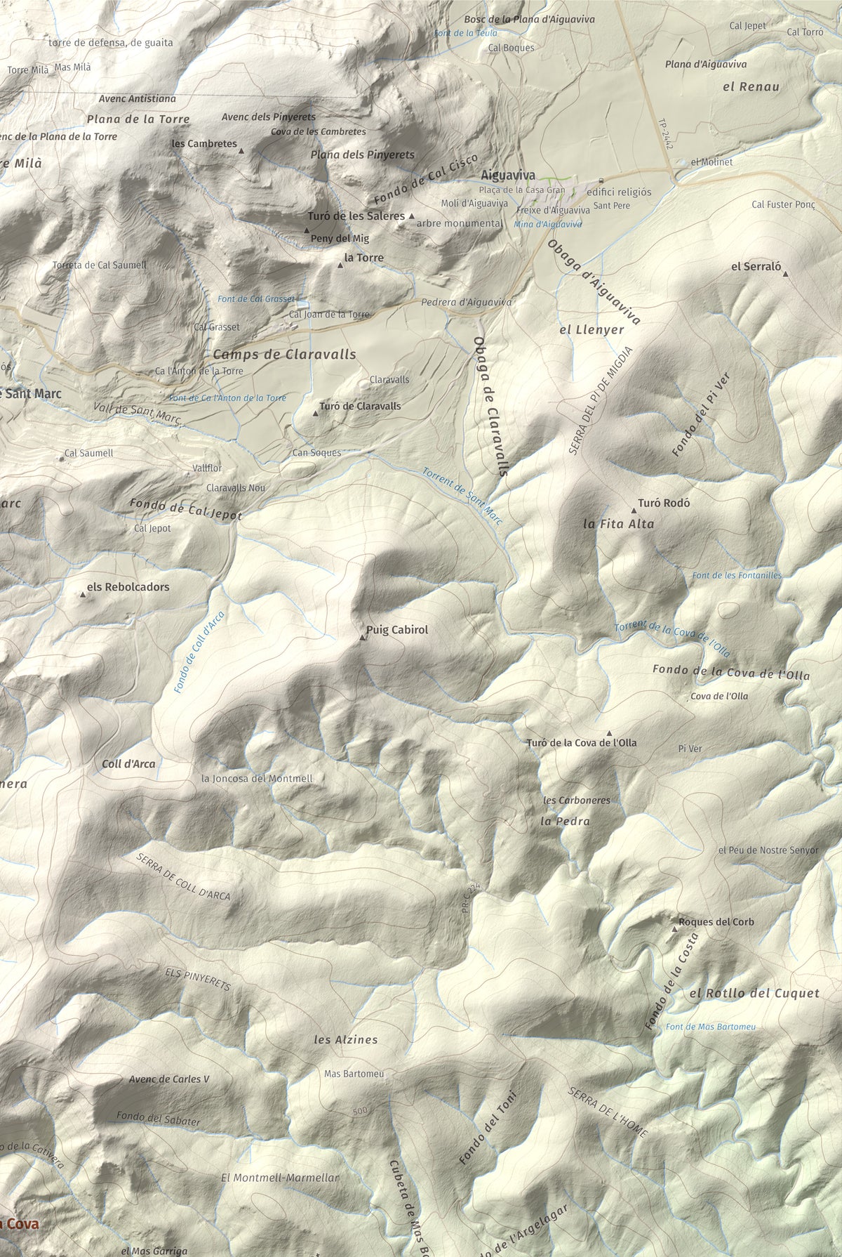Mapa de relieve de Puig de la Cova, 672 m, Baix Penedès, lámina 100 Cims de Trobart. Detalle de la zona superior derecha. 61 × 91 cm.