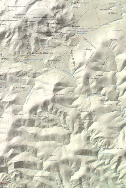Mapa de relieve de Puig de la Cova, 672 m, Baix Penedès, lámina 100 Cims de Trobart. Detalle de la zona superior derecha. 61 × 91 cm.