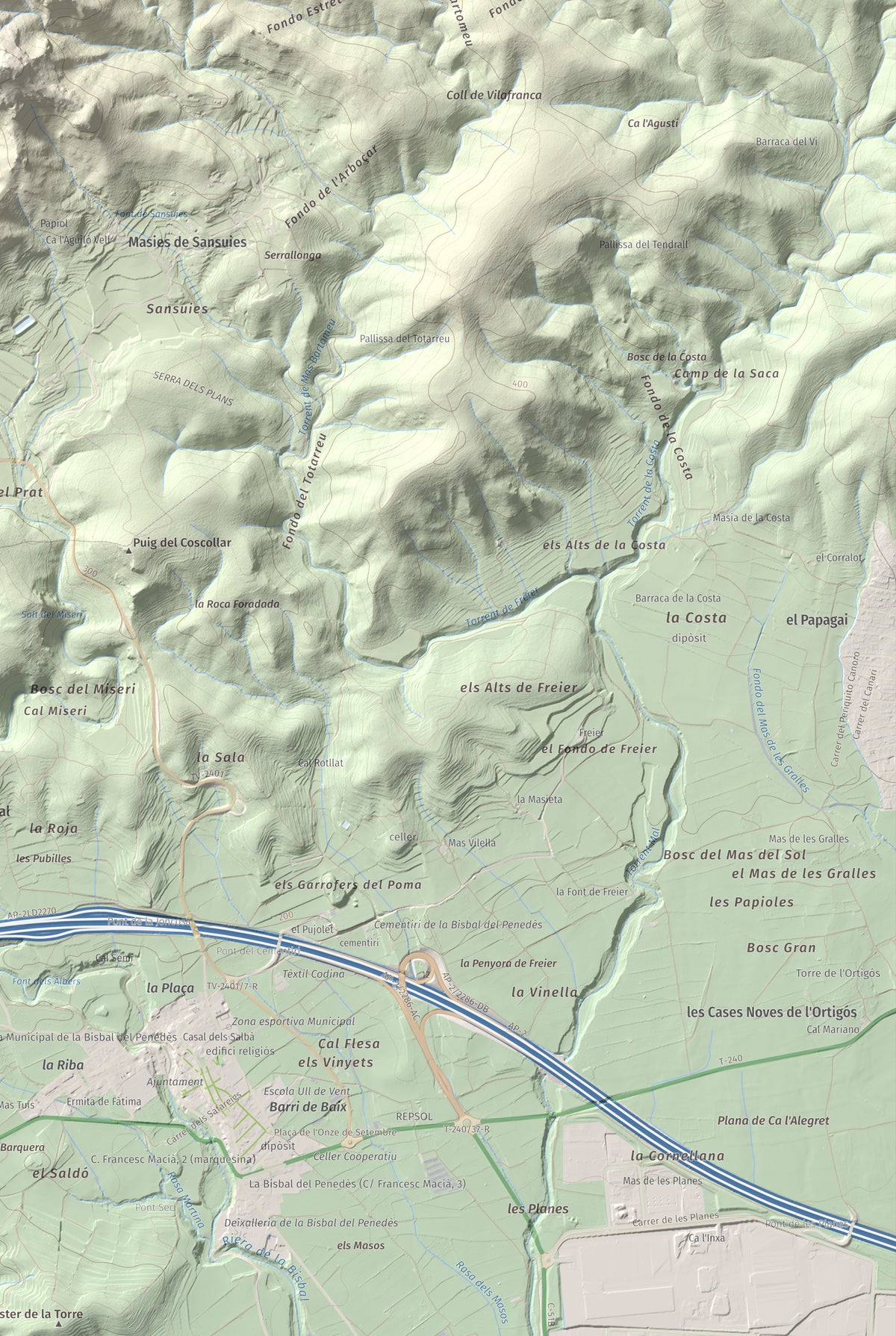 Mapa de relieve de Puig de la Cova, 672 m, Baix Penedès, lámina 100 Cims de Trobart. Detalle de la zona inferior derecha. 61 × 91 cm.