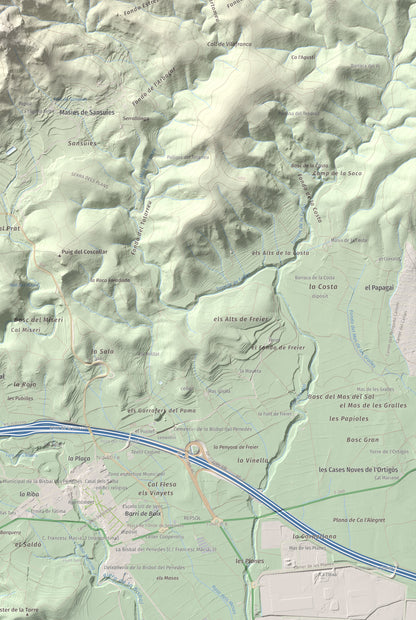 Mapa de relieve de Puig de la Cova, 672 m, Baix Penedès, lámina 100 Cims de Trobart. Detalle de la zona inferior derecha. 61 × 91 cm.