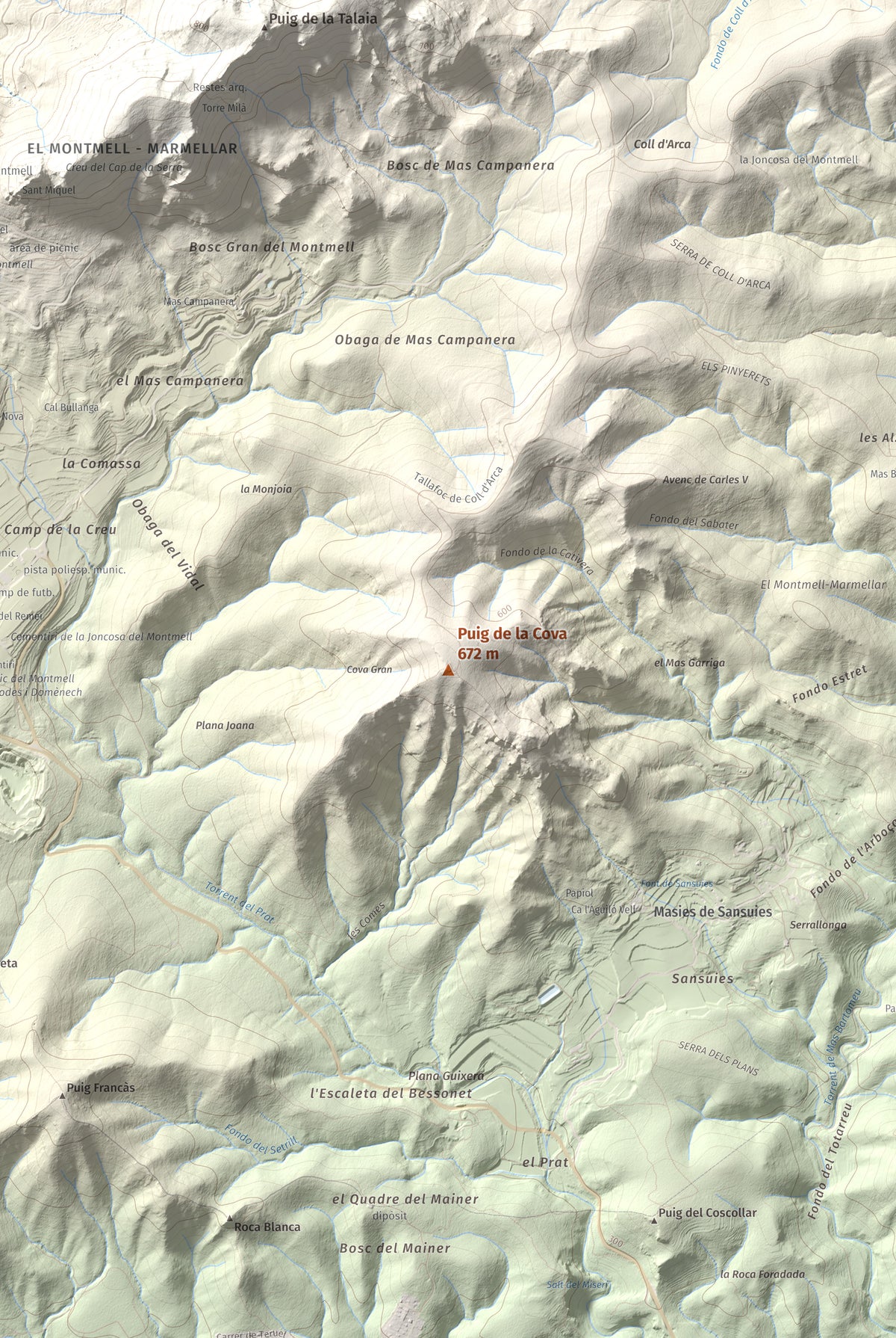 Mapa de relieve de Puig de la Cova, 672 m, Baix Penedès, lámina 100 Cims de Trobart. Detalle de la zona central. 61 × 91 cm.