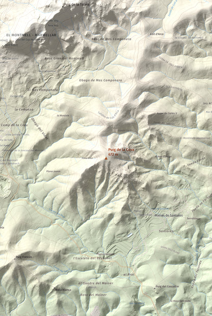 Mapa de relieve de Puig de la Cova, 672 m, Baix Penedès, lámina 100 Cims de Trobart. Detalle de la zona central. 61 × 91 cm.