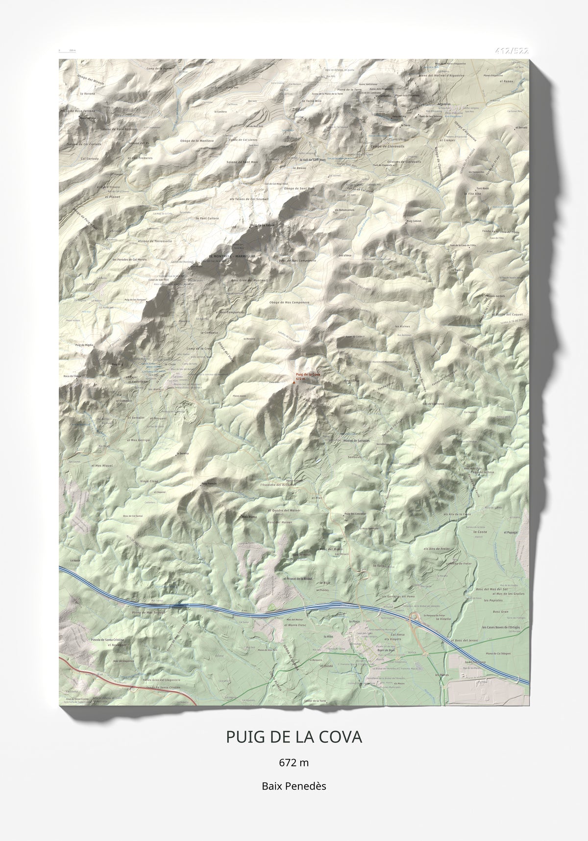 Mapa de relieve de Puig de la Cova, 672 m, Baix Penedès, lámina 100 Cims de Trobart 70 × 100 cm.